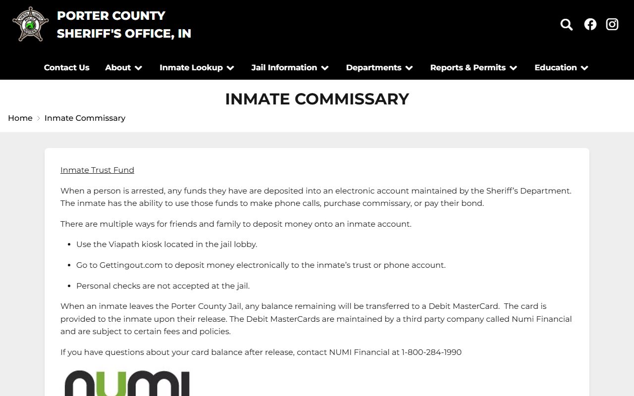 Porter County Jail commissary information page