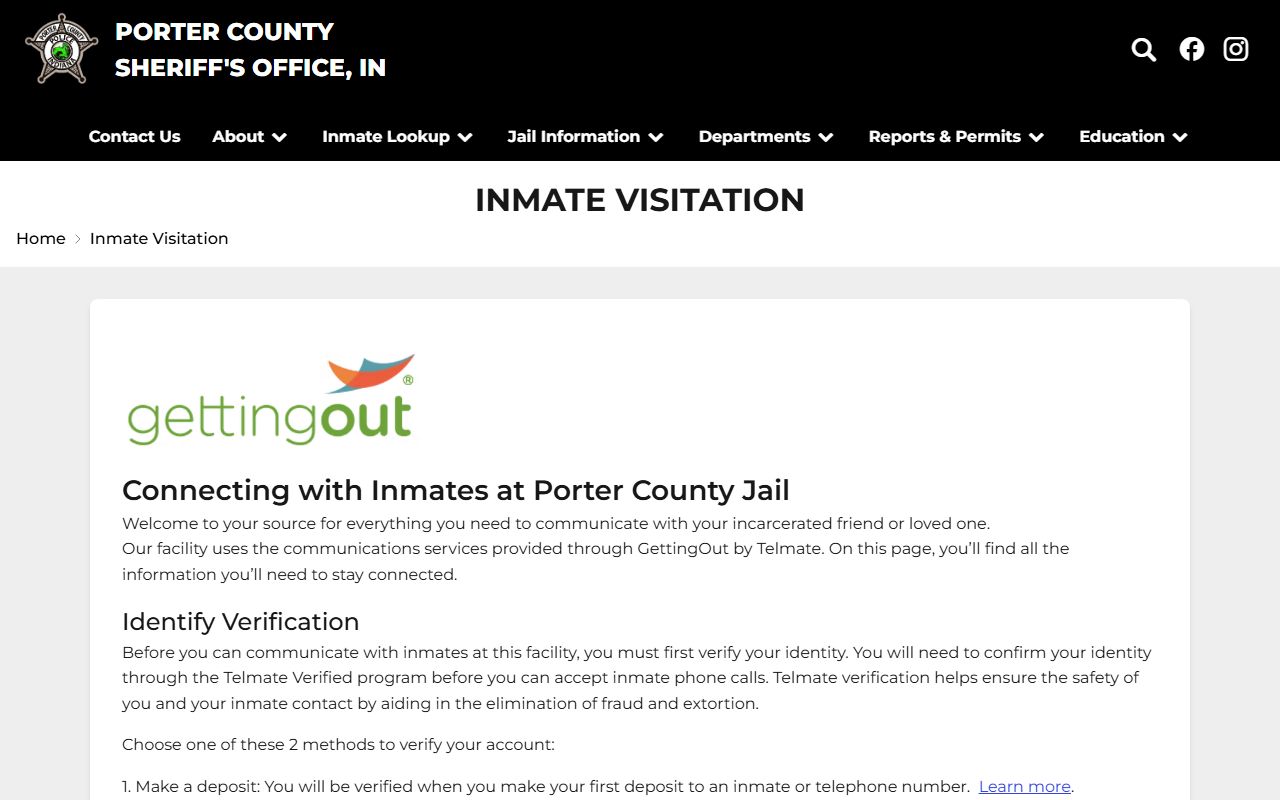 Porter County Jail visitation page with GettingOut remote video visit hours