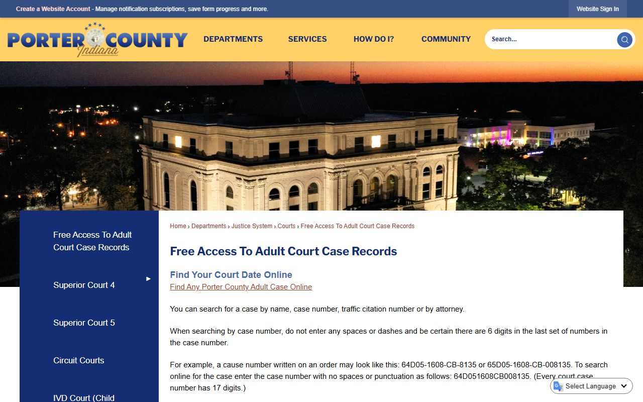 Porter County court records after arrest case lookup page
